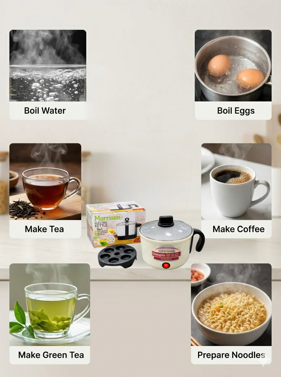 Imported 3-in-1 Electric Kettle (1.2L) – Food Warmer, Noodle Maker & Egg Boiler