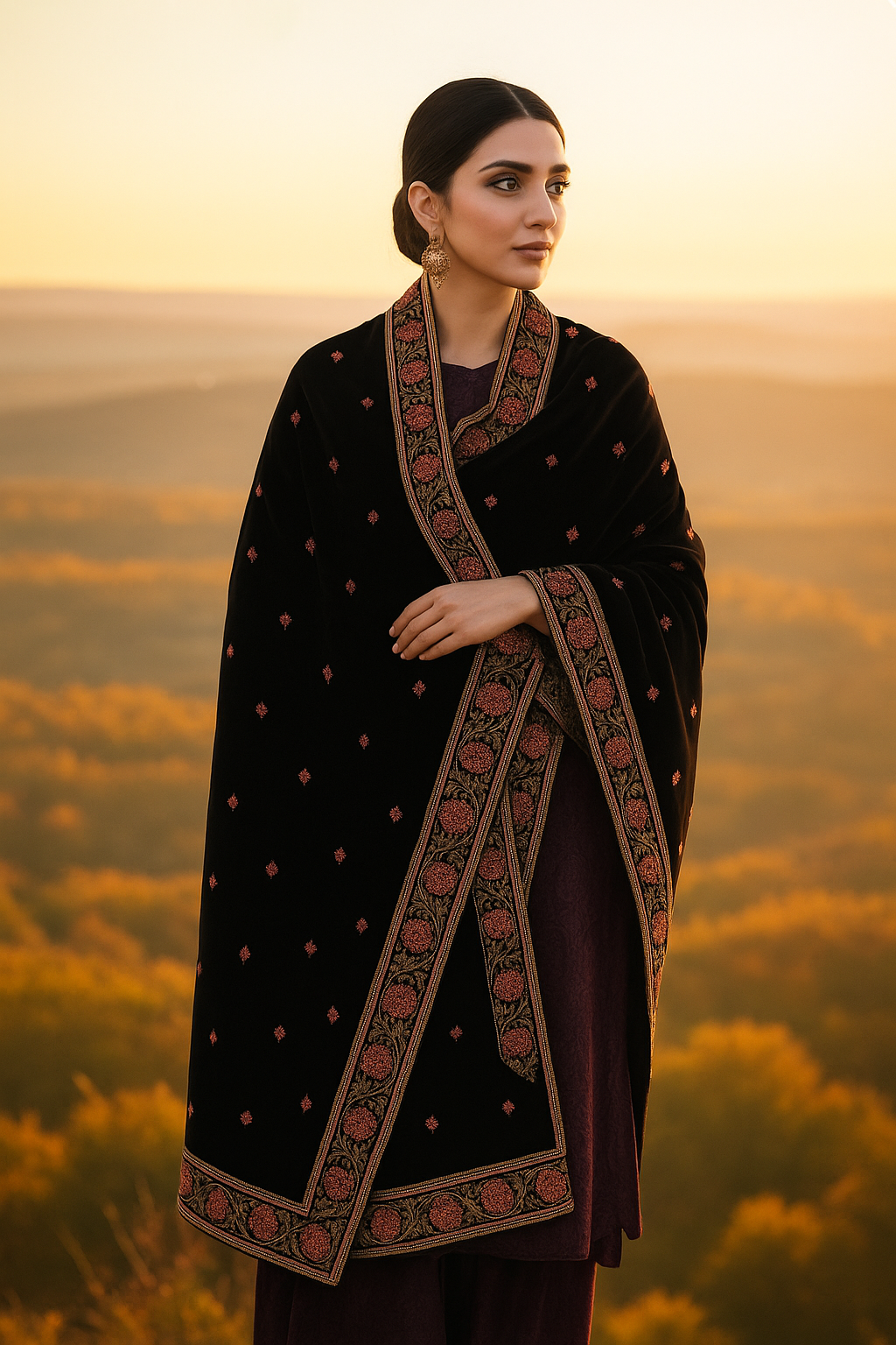 Hand-Embroidered Velvet Shawl – Timeless Elegance