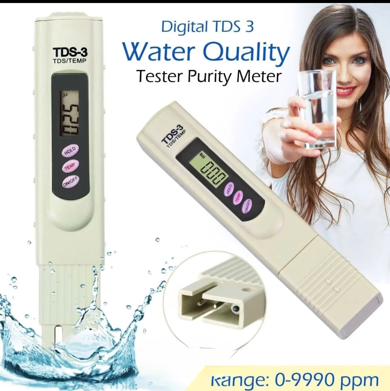 Digital TDS Meter 3 – Water Quality & Purity Tester (0–9990 ppm) with Temperature Display
