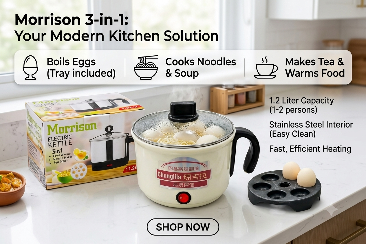 Imported 3-in-1 Electric Kettle (1.2L) – Food Warmer, Noodle Maker & Egg Boiler